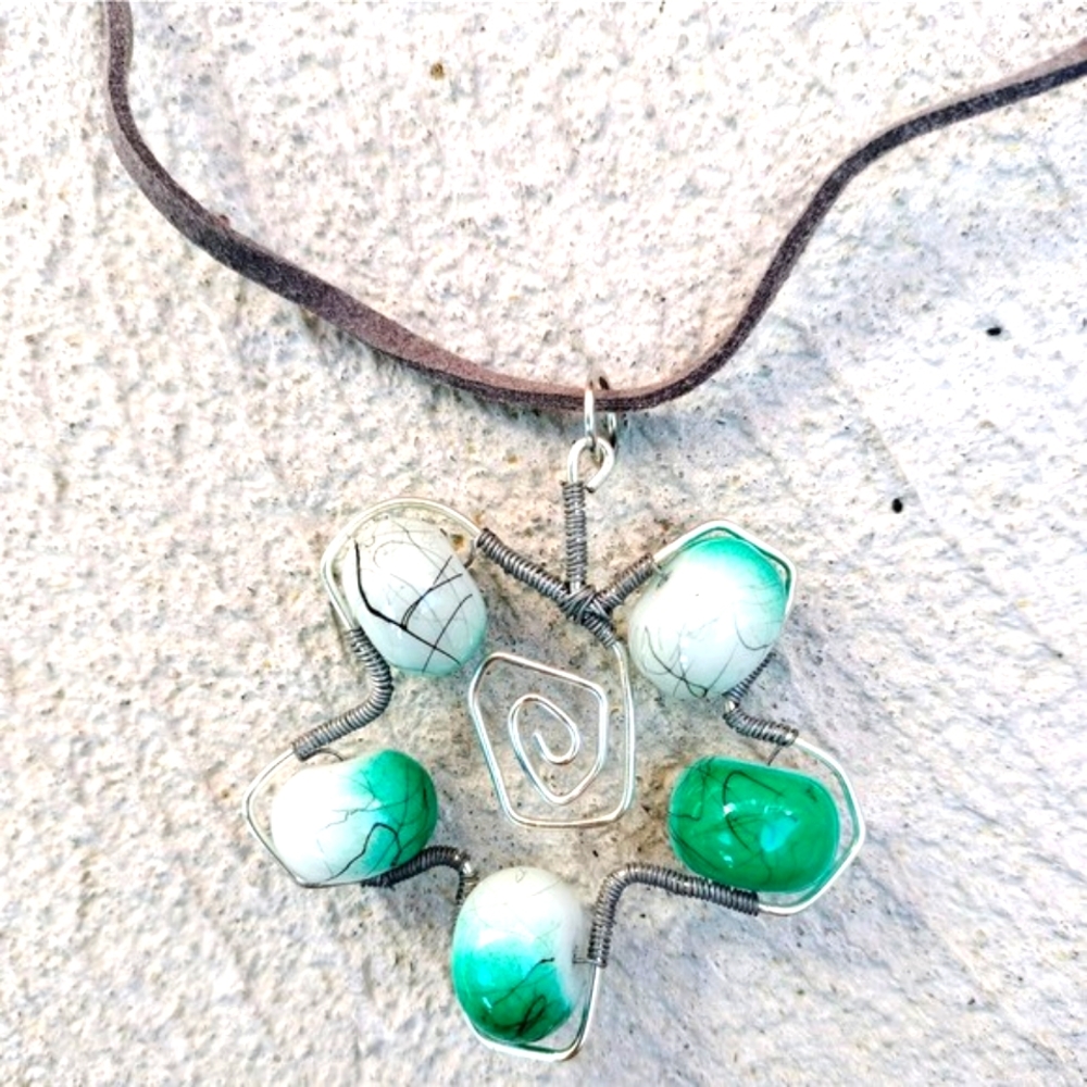 Necklace Wire Wrapped flower rock grey leather necklace Jewelry